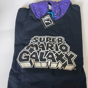 PUMA Black XL Hoodie with L Shorts. Purple Star Pattern Hood and Sleeves